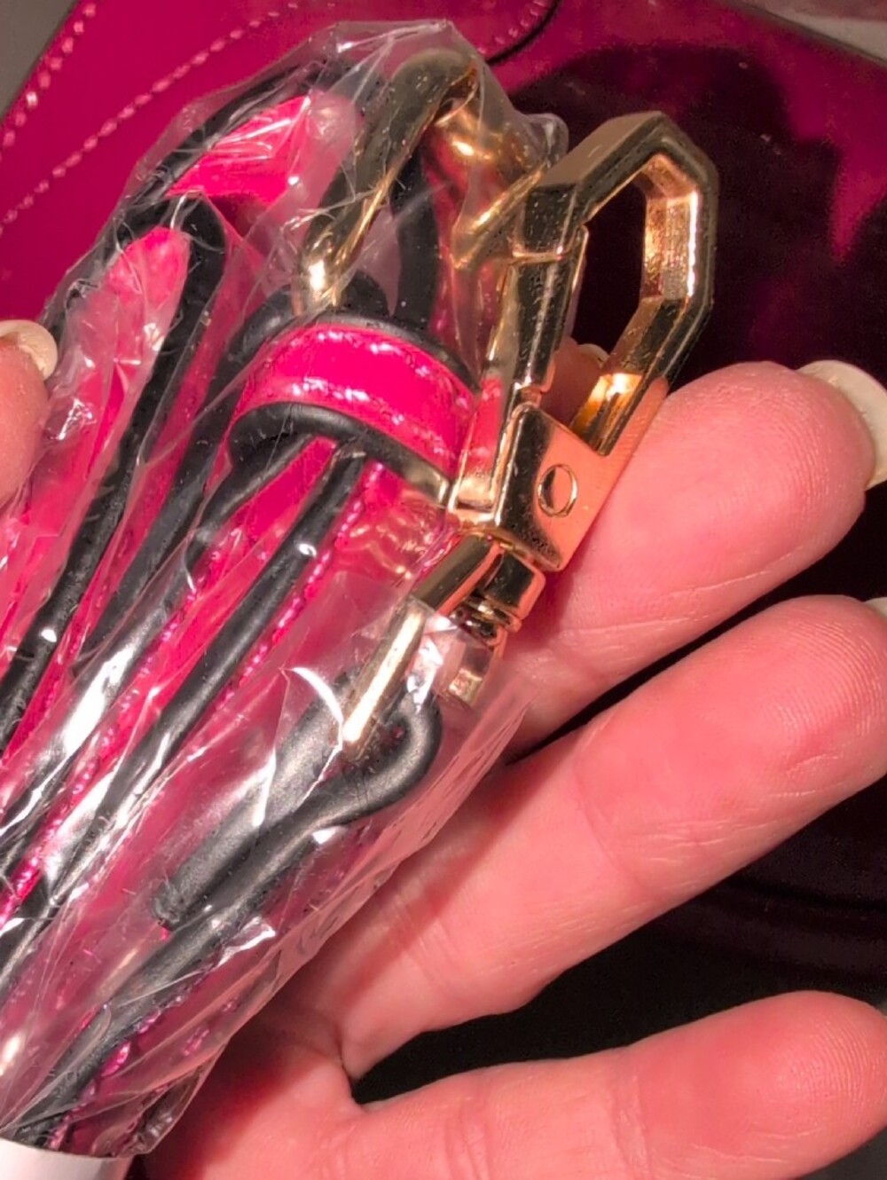 Hot Pink Patent Leather Top-Handle Bag with Wristlet And Crossbody Strap - Picture 10 of 16